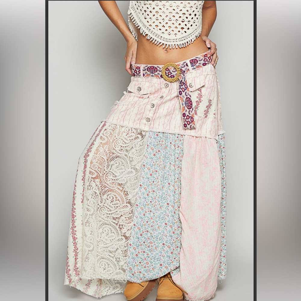 POL Bohemian Patchwork Maxi Skirt.  Pink Multi
Sizes: Large